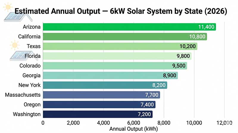 Horizontal bar chart showing estimated annual output of a 6kW solar system in 10 US states