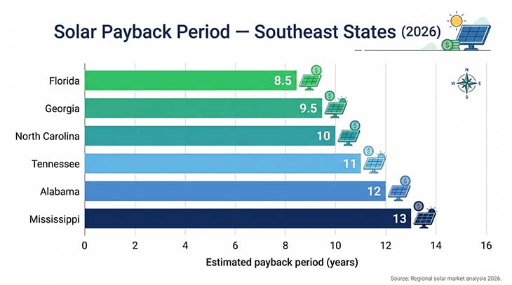 Horizontal bar chart comparing solar payback periods in years for six southeastern US states in 2026