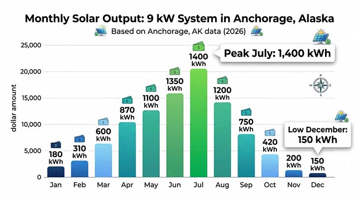Bar chart showing estimated monthly solar output in kWh for a 9kW system in Anchorage, Alaska