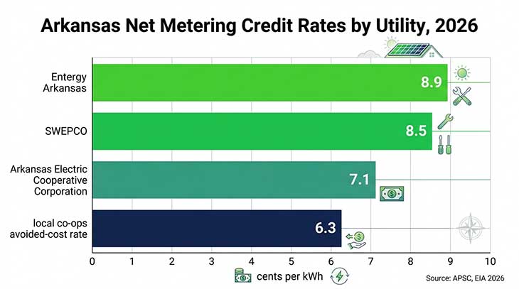 Horizontal bar chart comparing net metering credit rates for four Arkansas utilities in 2026