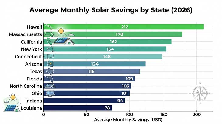 Horizontal bar chart showing average monthly solar savings in dollars for 12 US states