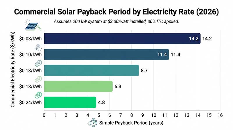Horizontal bar chart comparing commercial solar simple payback period across five US electricity rate tiers from $0.08 to $0.24 per kWh