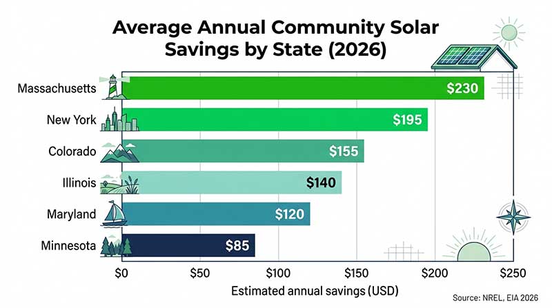 Horizontal bar chart comparing estimated annual community solar savings per household in six US states