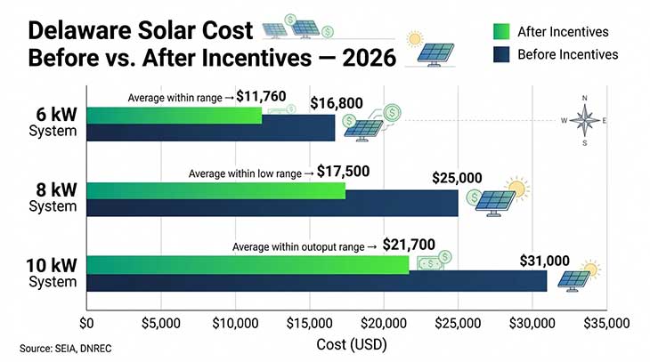 Bar chart showing Delaware solar panel system costs before and after incentives for 6kW, 8kW, and 10kW systems in 2026
