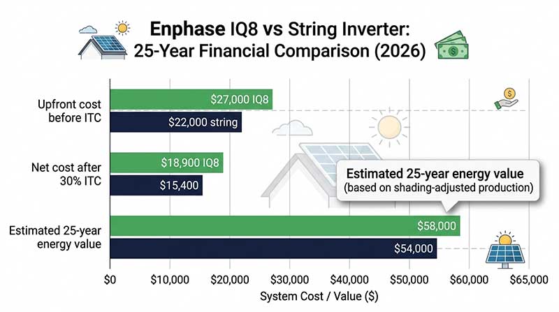 Grouped bar chart comparing upfront cost, net cost after ITC, and 25-year energy value for IQ8 microinverters versus string inverters