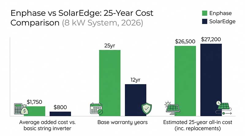 Grouped bar chart comparing Enphase and SolarEdge upfront cost, warranty years, and 25-year all-in value