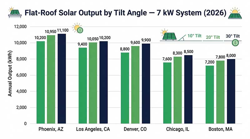 Bar chart comparing annual solar output at different tilt angles on a flat roof in five US cities