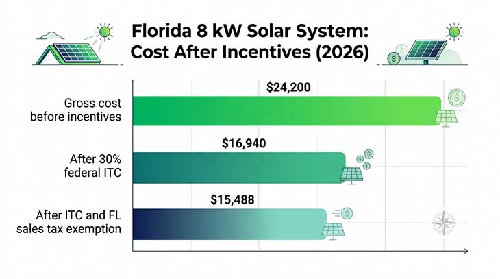 Bar chart showing Florida solar system cost before and after federal tax credit and sales tax exemption in 2026