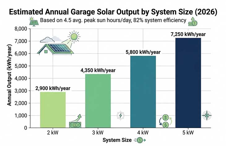 Bar chart showing annual solar output in kWh for four garage system sizes at average US sun hours