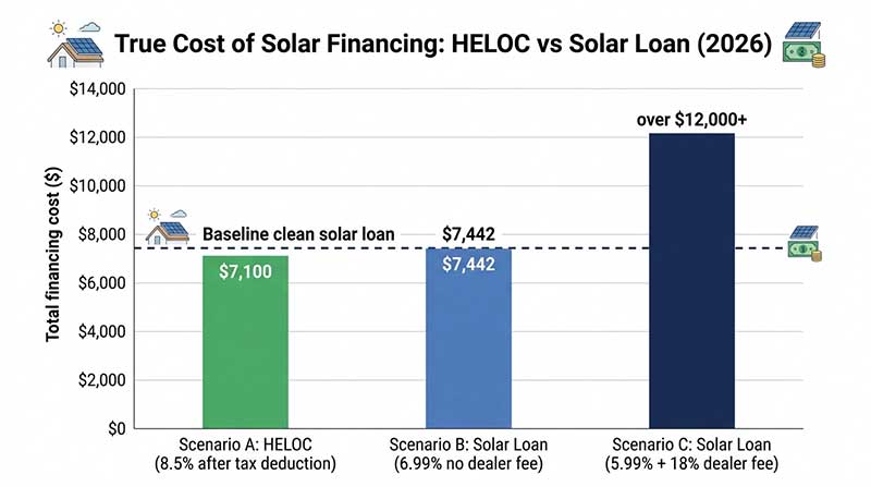 Bar chart comparing total 10-year financing cost for three solar financing scenarios in 2026