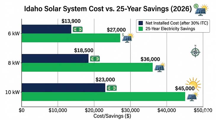 Grouped bar chart comparing Idaho solar net installed cost versus 25-year electricity savings for 6kW, 8kW, and 10kW systems