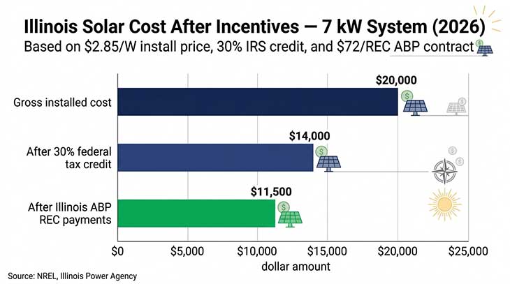 Bar chart showing Illinois solar costs before and after federal tax credit and ABP incentives for a 7 kW system in 2026