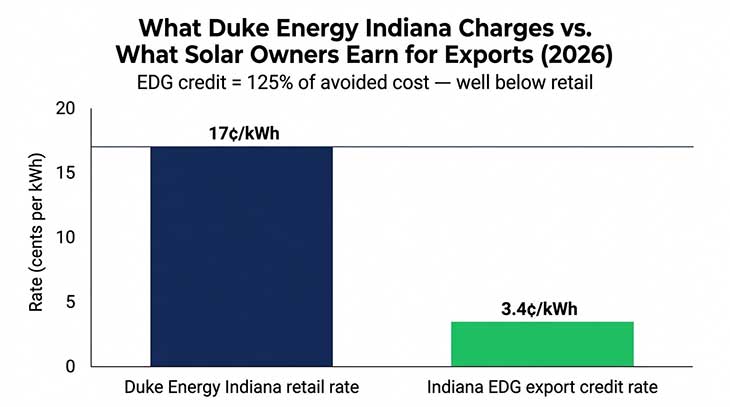 Bar chart comparing Duke Energy Indiana retail electricity rate versus EDG solar export credit rate per kWh in 2026