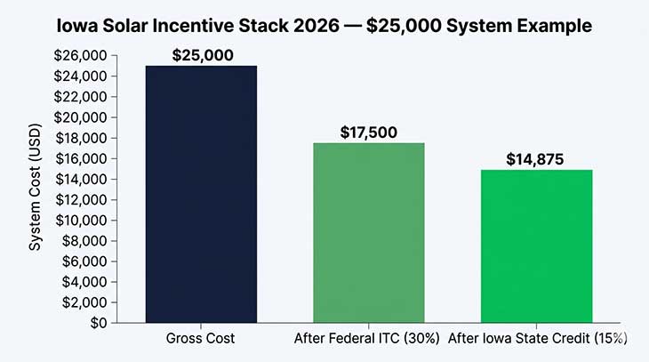 Bar chart comparing Iowa solar system costs before and after federal ITC and Iowa 15% state tax credit