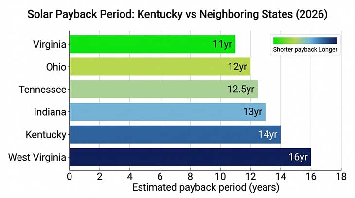Horizontal bar chart comparing solar payback period in years for Kentucky and five neighboring states