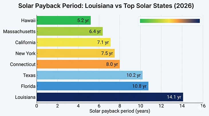 Horizontal bar chart comparing solar payback period in years for Louisiana versus seven other US states
