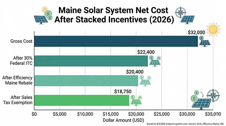 Bar chart showing Maine solar system cost breakdown before and after incentives in 2026