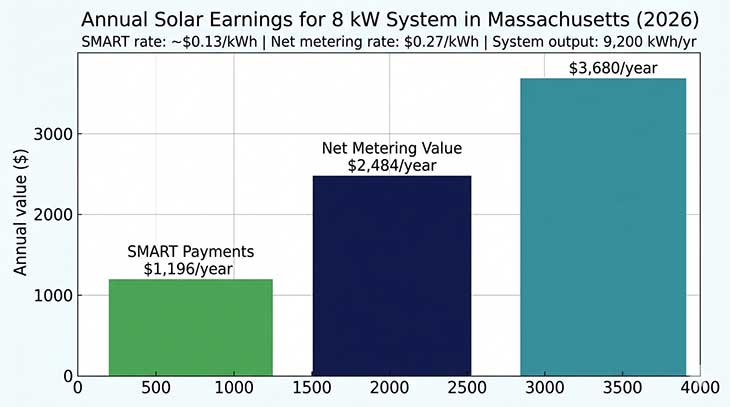 Bar chart comparing annual SMART program payments and net metering credits for Massachusetts solar homeowners