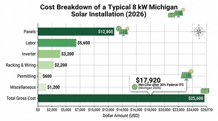 Bar chart showing Michigan solar system cost breakdown by component in 2026