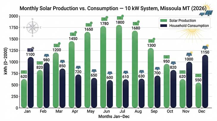 Bar chart showing monthly solar production versus consumption for a Montana home across 12 months