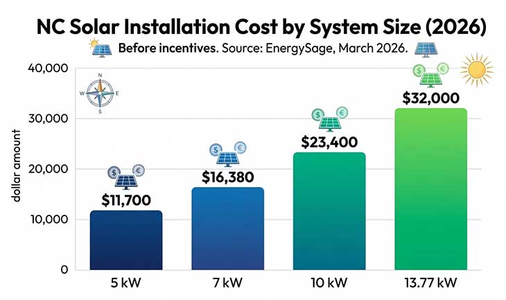 Bar chart showing North Carolina solar panel installation costs by system size in 2026