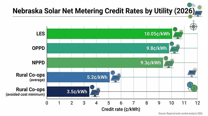 Bar chart comparing solar net metering credit rates across Nebraska's four major utilities in cents per kWh