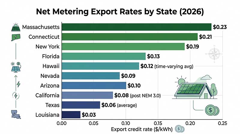 Horizontal bar chart showing net metering export credit rates in cents per kWh for 10 US states in 2026