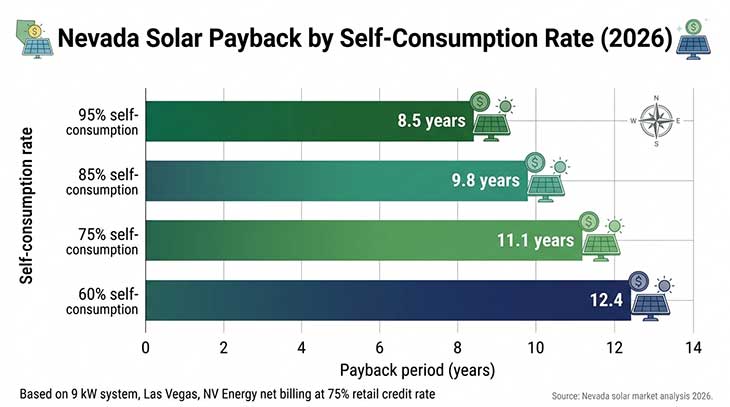 Horizontal bar chart showing Nevada solar payback period in years at four different self-consumption rates from 60% to 95%