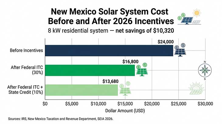 Grouped bar chart showing 8 kW solar system cost in New Mexico before and after 2026 federal and state incentives