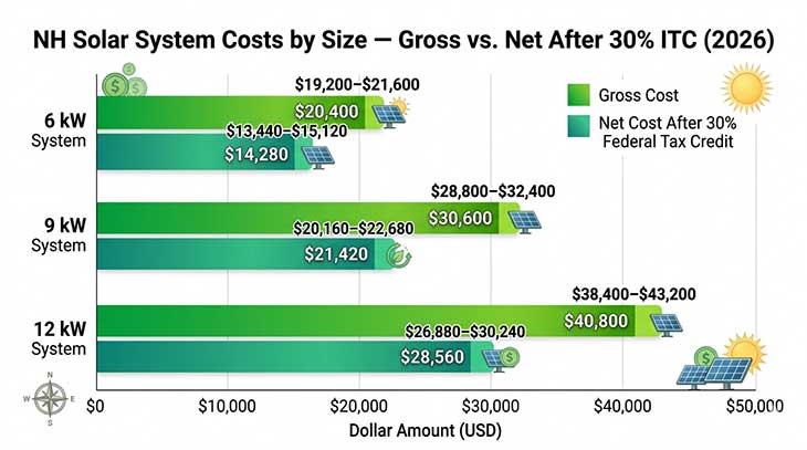 Bar chart comparing gross and net solar system costs in New Hampshire by system size (6 kW, 9 kW, 12 kW) in 2026