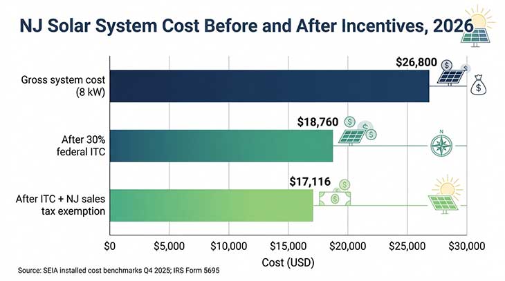 Bar chart showing New Jersey solar system costs before and after federal and state incentives in 2026