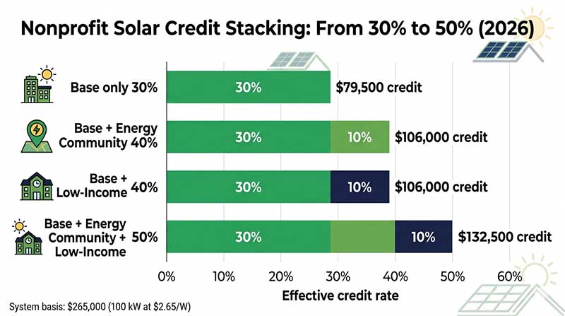 Stacked bar chart showing nonprofit solar credit rate from 30% base up to 50% with IRA adders