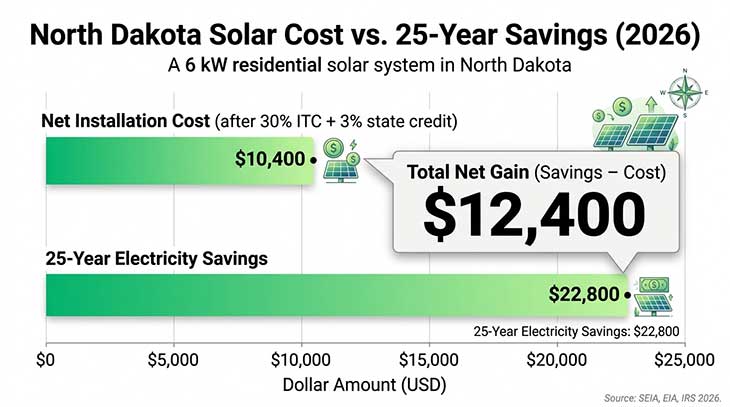 Bar chart comparing net solar installation cost versus 25-year electricity savings for a 6 kW system in North Dakota