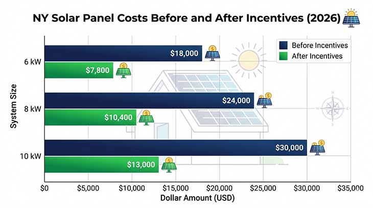 Bar chart showing installed solar panel costs by system size in New York before and after incentives in 2026