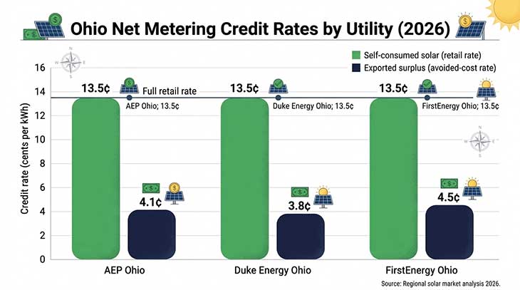 Grouped bar chart comparing net metering credit rates for AEP Ohio, Duke Energy Ohio and FirstEnergy Ohio in 2026