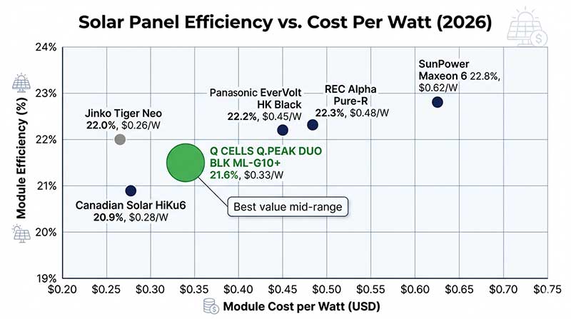 Scatter chart comparing solar panel efficiency percentage versus cost per watt for six major brands in 2026