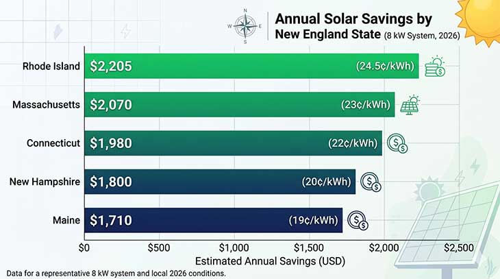 Bar chart comparing estimated annual solar savings across five New England states by electricity rate