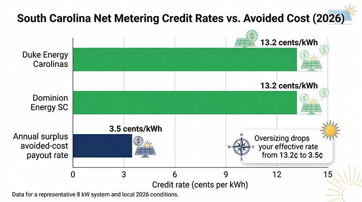 Bar chart comparing retail net metering credit rates for Duke Energy Carolinas and Dominion Energy SC versus the avoided cost payout rate