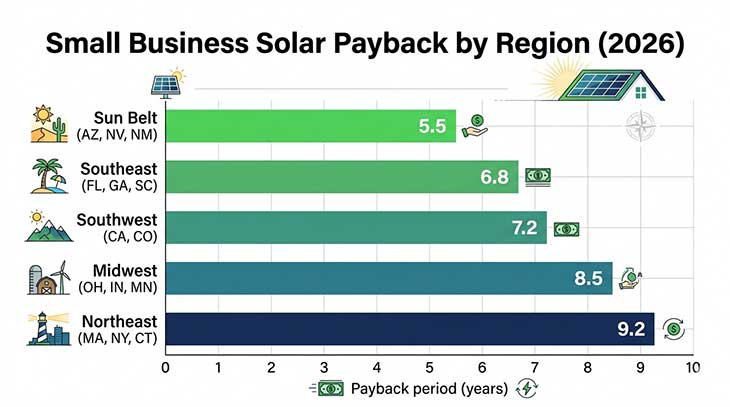Horizontal bar chart comparing solar payback periods for small businesses across five US regions