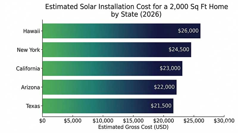Horizontal bar chart comparing gross solar installation costs for a 2,000 sq ft home in five US states in 2026