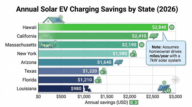 Horizontal bar chart showing annual solar EV charging savings in dollars for eight US states