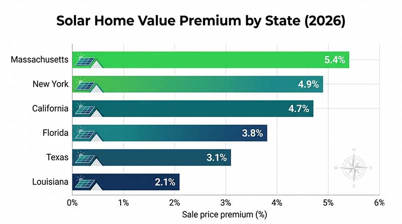 Horizontal bar chart comparing solar home value premium percentage across six US states