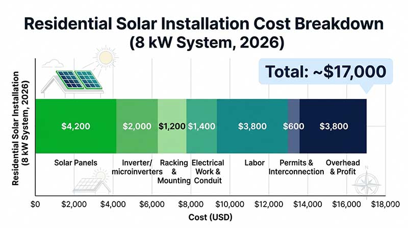 Stacked bar chart showing average solar installation cost breakdown by component for a US residential system in 2026