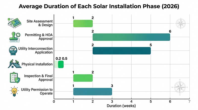 Horizontal bar chart showing average weeks for each phase of a residential solar installation in the US