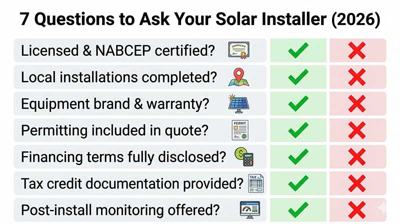 Checklist chart showing 7 key questions to ask a solar installer before signing