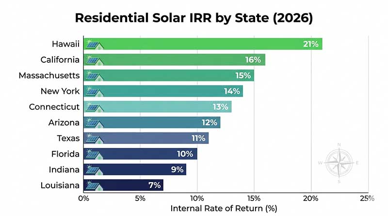 Horizontal bar chart comparing solar panel IRR percentage across 10 US states in 2026
