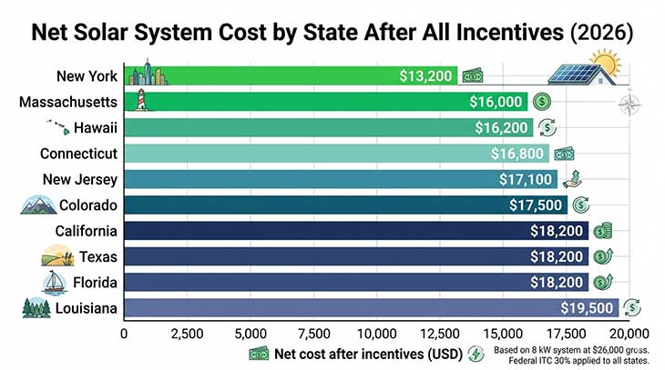 Horizontal bar chart showing net solar system cost after federal and state tax credits for 10 US states
