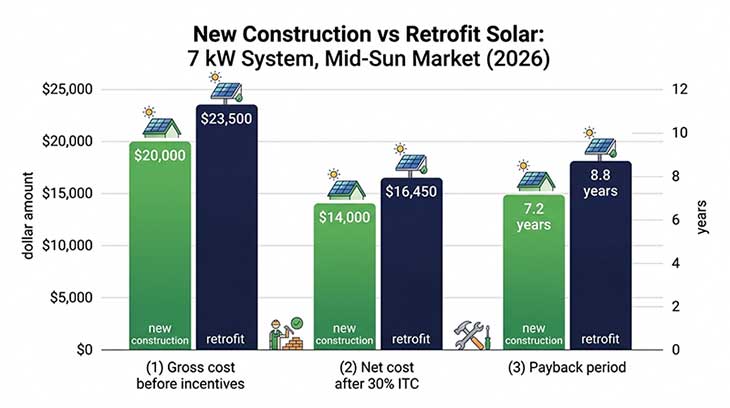 Grouped bar chart comparing gross cost, post-incentive cost, and payback period for new construction solar versus retrofit solar