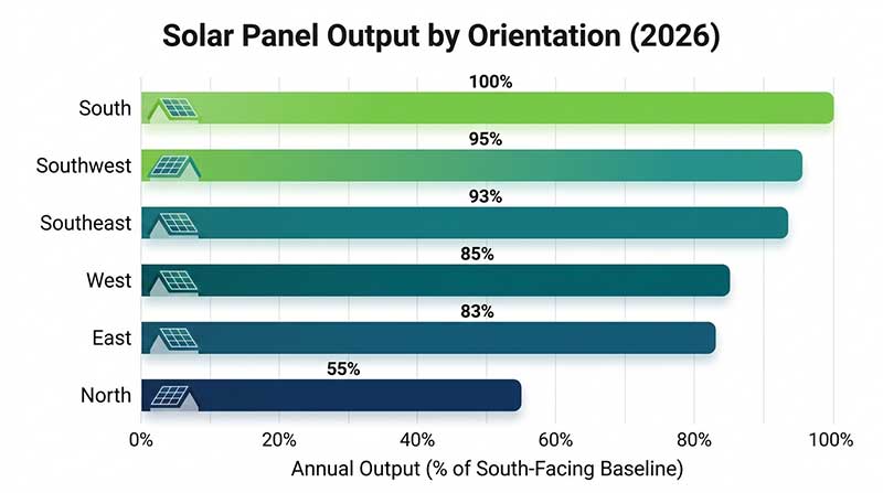 Horizontal bar chart comparing annual solar output percentage for south, southwest, southeast, west, east, and north facing panels