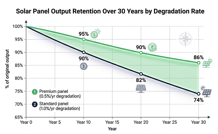 Line chart comparing solar panel output degradation at 0.5% and 1.0% per year over 30 years